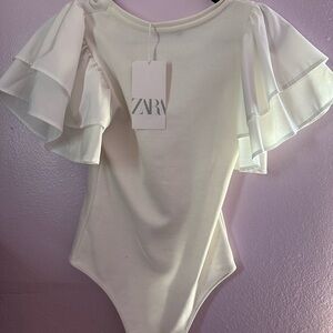ZARA White Ruffle Sleeve Bodysuit